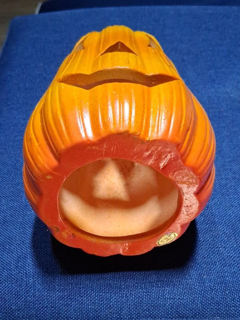 Vintage Orange Ceramic Pumpkin Lantern with Green Stem